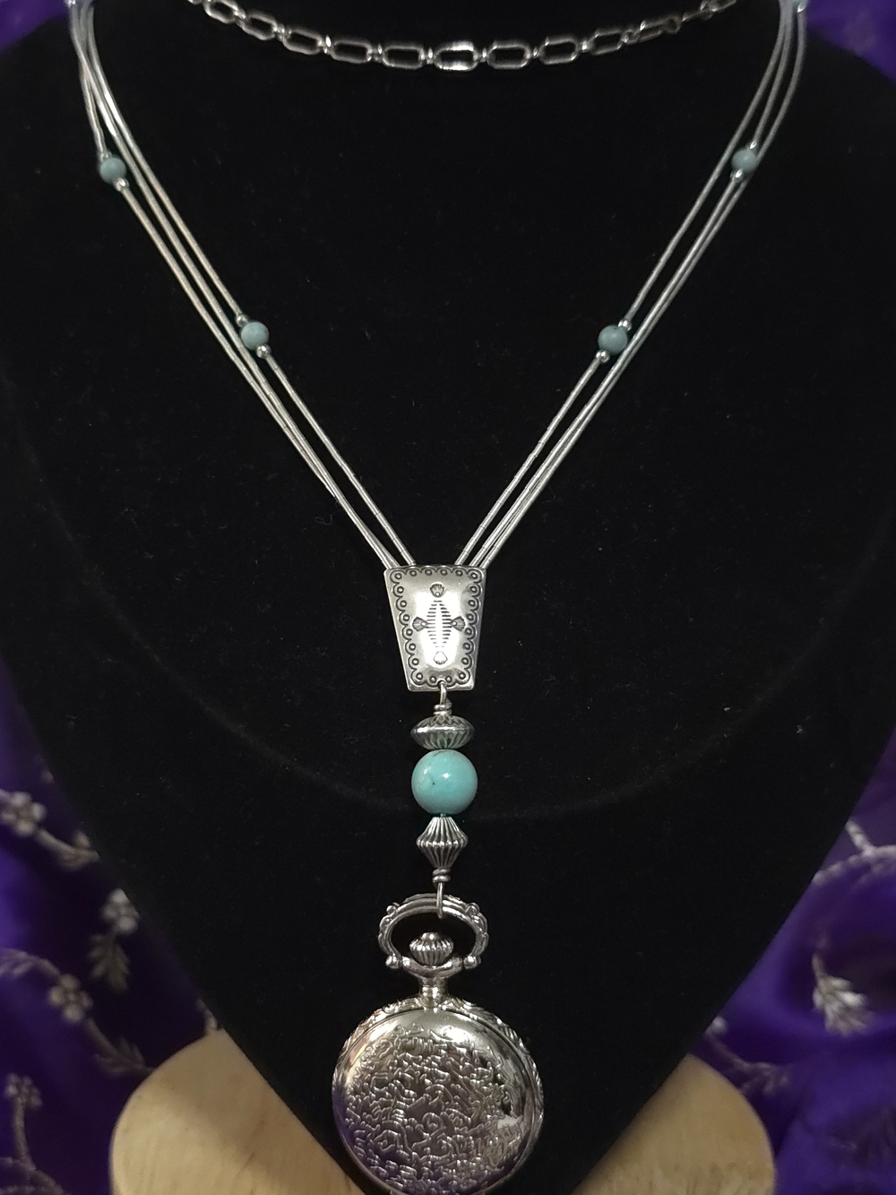 Carolyn Pollack Sterling Silver Necklace with Turquoise Beads and Watch Pendant